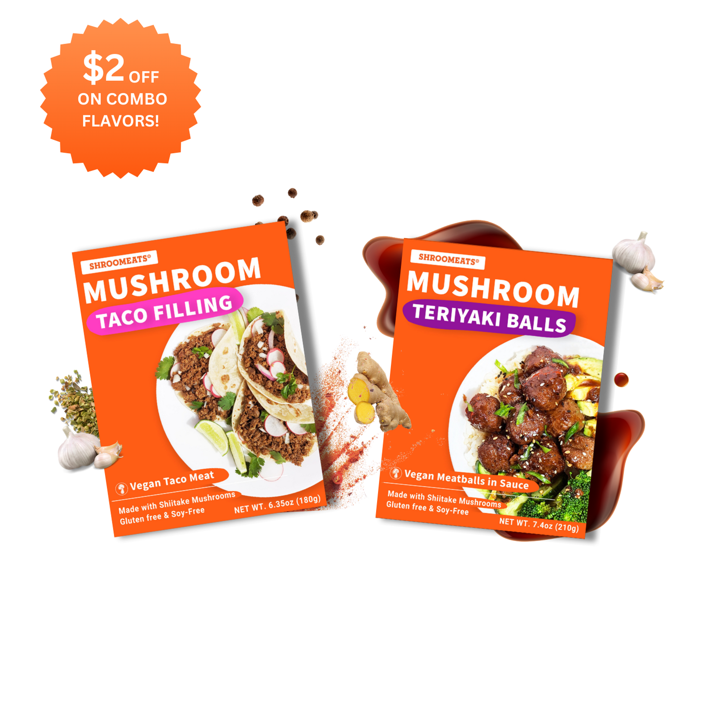 Shroomeats® Flavors Teriyaki Balls & Taco Filling Combo-Pack : Vegan Mushroom Meat Allergen-Friendly Superfoods