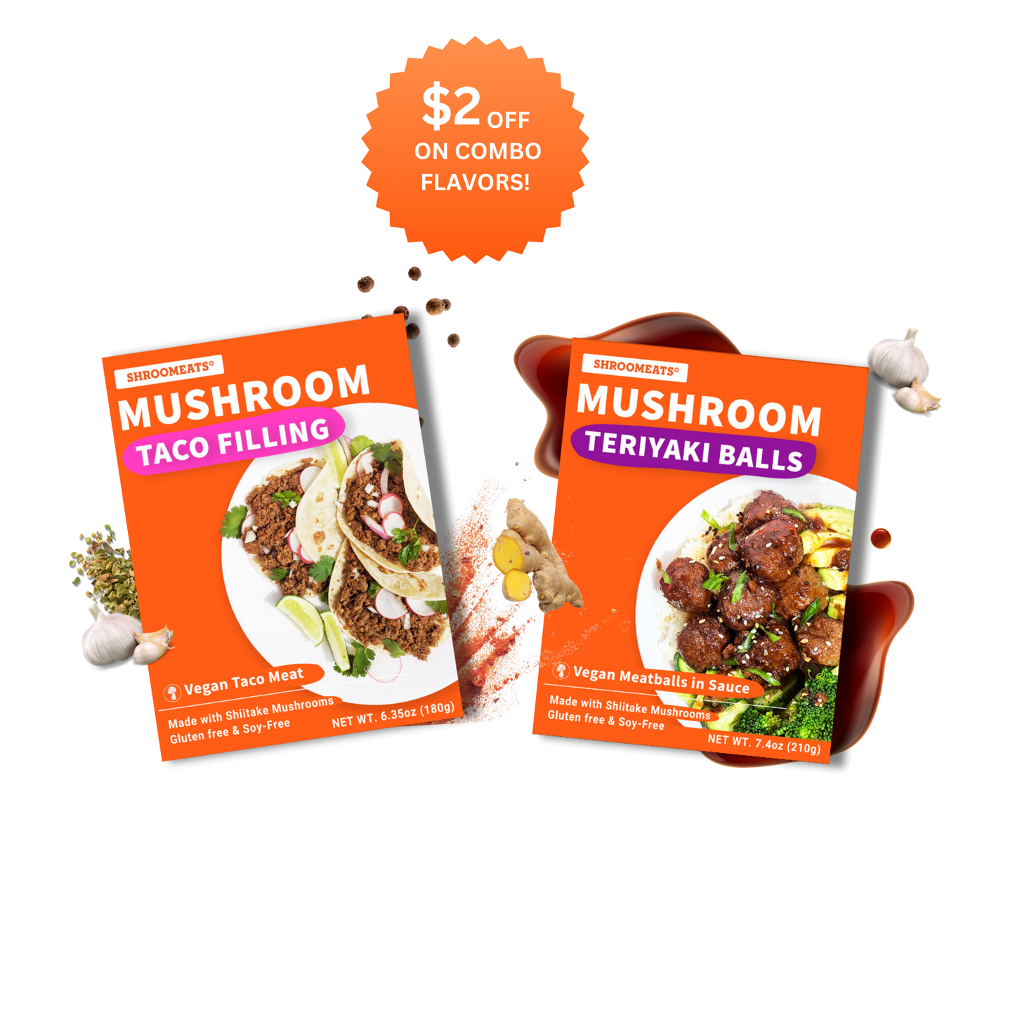 Shroomeats® Flavors Teriyaki Balls & Taco Filling Combo-Pack : Vegan Mushroom Meat Allergen-Friendly Superfoods